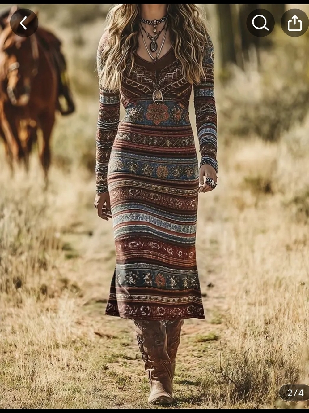 Boho Western Long Sleeve Maxi Dress in Brown Stripe Floral